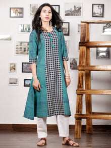 Teal Green Indigo White Hand Printed Ajrakh Kurta With Tassels - K72F1542