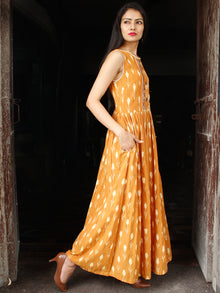 Mustard Ivory Long Handwoven Double Ikat Dress With Side Pockets - D28F1569
