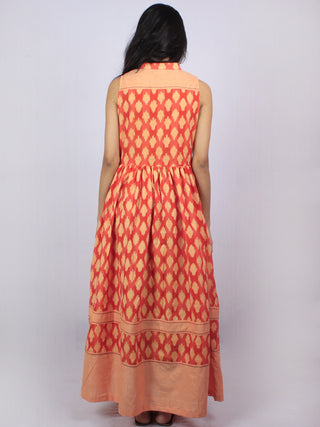 Peach Coral Beige Ikat Handwoven Long Sleeveless Cotton & Linen Dress With Pockets & Front Buttons - D3056601