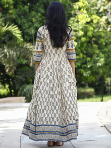 Naaz Aiyla - Ivory Indigo Mustard Black Hand Block Printed Long Cotton Angrakha Dress with Gathers & Lining- DS11F002