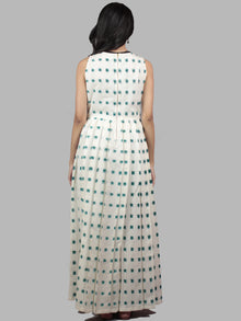 Ivory Pine Green Long Sleeveless Handwoven Double Ikat Dress With Knife Pleats & Side Pockets - D3265605