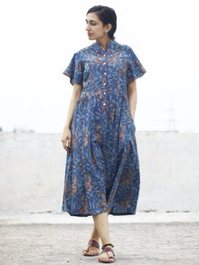 Indigo Rust Ivory Hand Block Cotton Pleated Dress With Side Pockets  - D74F769