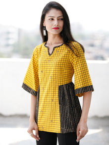 Yellow Black Beige Embroidred Hand Block Printed Cotton Top  - T63F1939