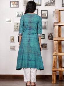 Teal Green Indigo White Hand Printed Ajrakh Kurta With Tassels - K72F1542