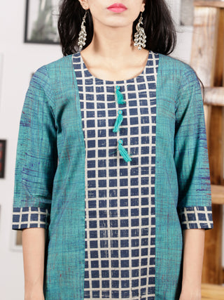 Teal Green Indigo White Hand Printed Ajrakh Kurta With Tassels - K72F1542