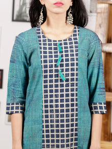 Teal Green Indigo White Hand Printed Ajrakh Kurta With Tassels - K72F1542