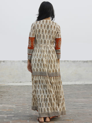 Naaz Beige Mustard Maroon Black Hand Block Printed Tier Dress  -  DS33F001