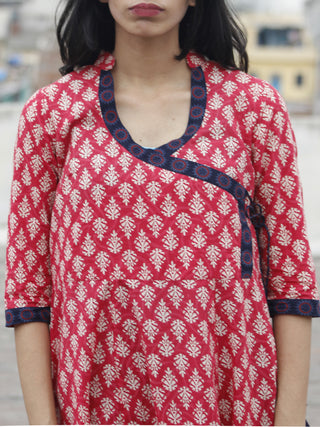 Coral Ivory Dark Indigo Hand Block Printed Angrakha Kurti With Stand Collar- K13F450