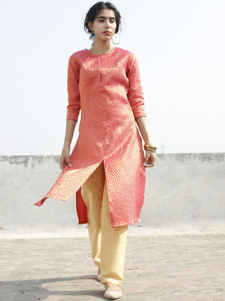 Coral Golden Brocade Princess Line Kurta With Front Slit - 125F001