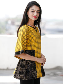 Yellow Black Beige Embroidred Hand Block Printed Cotton Top  - T63F1939