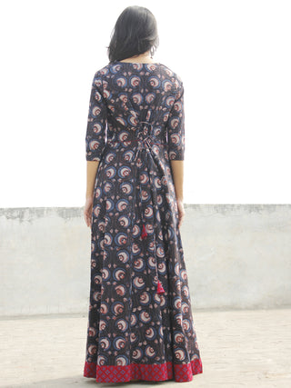 Black Maroon Ivory Indigo Hand Blocked Long Tie-Up Back Waist Dress - D162F985