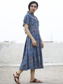 Indigo Rust Ivory Hand Block Cotton Pleated Dress With Side Pockets  - D74F769