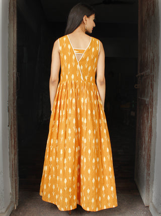 Mustard Ivory Long Handwoven Double Ikat Dress With Side Pockets - D28F1569