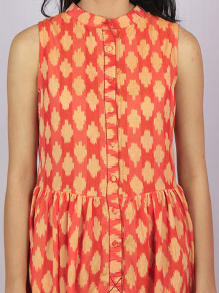 Peach Coral Beige Ikat Handwoven Long Sleeveless Cotton & Linen Dress With Pockets & Front Buttons - D3056601