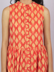 Peach Coral Beige Ikat Handwoven Long Sleeveless Cotton & Linen Dress With Pockets & Front Buttons - D3056601