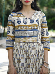 Naaz Aiyla - Ivory Indigo Mustard Black Hand Block Printed Long Cotton Angrakha Dress with Gathers & Lining- DS11F002