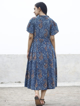 Indigo Rust Ivory Hand Block Cotton Pleated Dress With Side Pockets  - D74F769