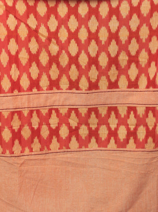 Peach Coral Beige Ikat Handwoven Long Sleeveless Cotton & Linen Dress With Pockets & Front Buttons - D3056601