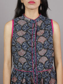 Indigo Pink Beige Ivory Long Sleeveless Ajrakh Hand Block Printed Cotton Dress With Knife Pleats & Side Pockets - D4663001