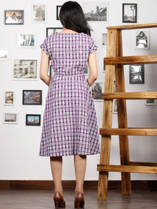 Purple White Hand Woven Ikat Cotton Middi Dress With Elastic Waist  - D271F1261