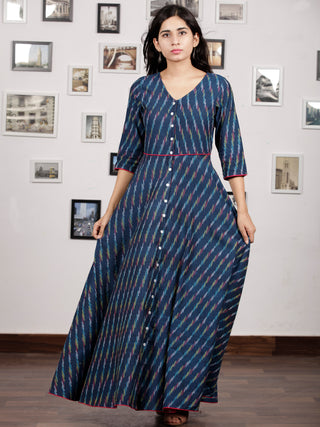 Indigo White Light Blue Long Handwoven Ikat Dress  - D314F1455