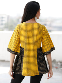 Yellow Black Beige Embroidred Hand Block Printed Cotton Top  - T63F1939