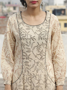 Beige Black Red Hand Block Printed Dress With Peasant Sleeve And Front Pocket - D91F241