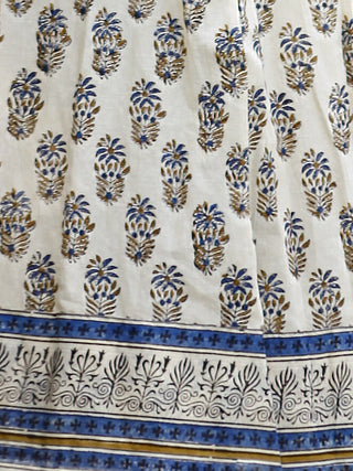 Naaz Aiyla - Ivory Indigo Mustard Black Hand Block Printed Long Cotton Angrakha Dress with Gathers & Lining- DS11F002