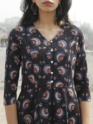 Black Maroon Ivory Indigo Hand Blocked Long Tie-Up Back Waist Dress - D162F985