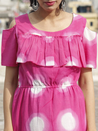 Naaz Dark Pink White Hand Tie Dye Dress With Elasticated Waist And Cold Shoulders - DS27F001