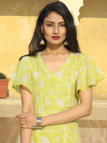 Wirda - Lemon Green Hand Block Printed Cotton Angrakha Dress With Ruffle Sleeves - D273F2127