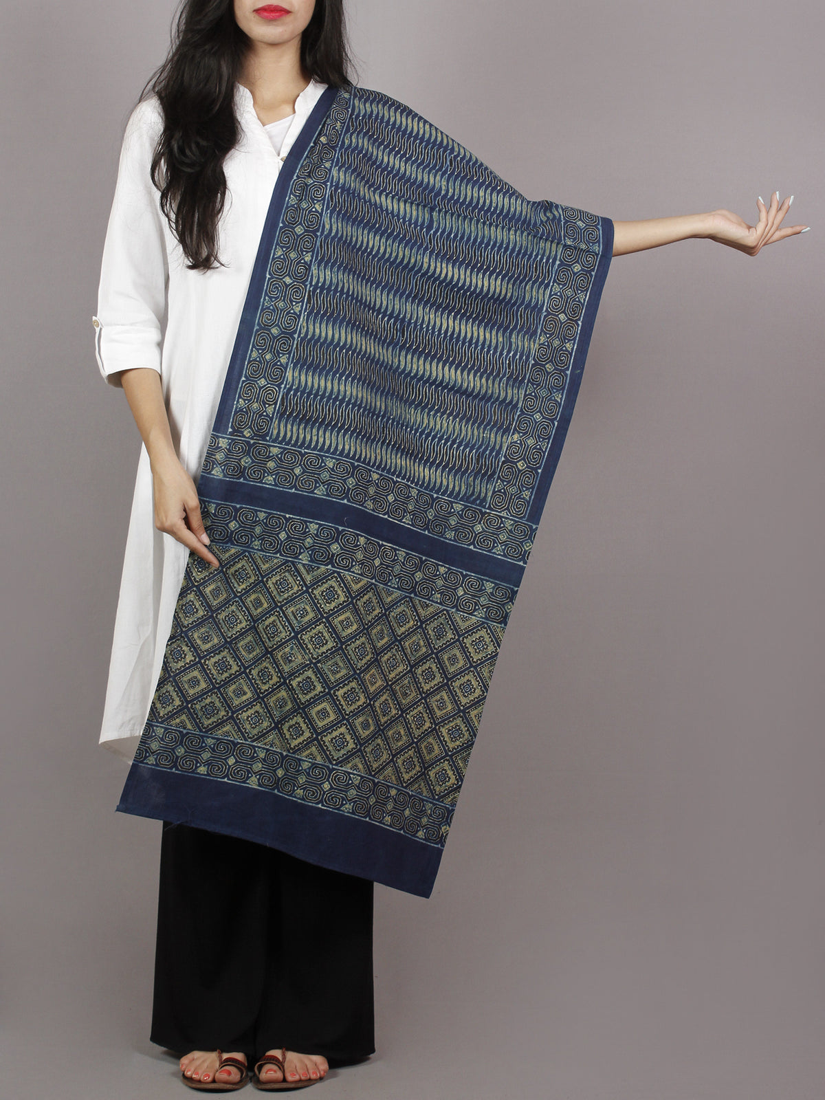 Indigo White Black Yellow Mughal Nakashi Ajrakh Hand Block Printed Cotton Stole - S63170158
