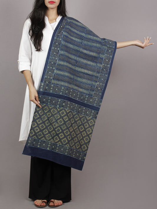 Indigo White Black Yellow Mughal Nakashi Ajrakh Hand Block Printed Cotton Stole - S63170158