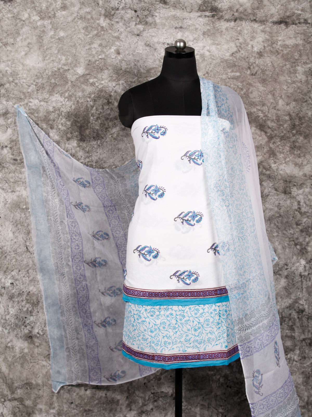 White Blue Purple Hand Block Printed Cotton Suit-Salwar Fabric With Chiffon Dupatta (Set of 3) - SU01HB372