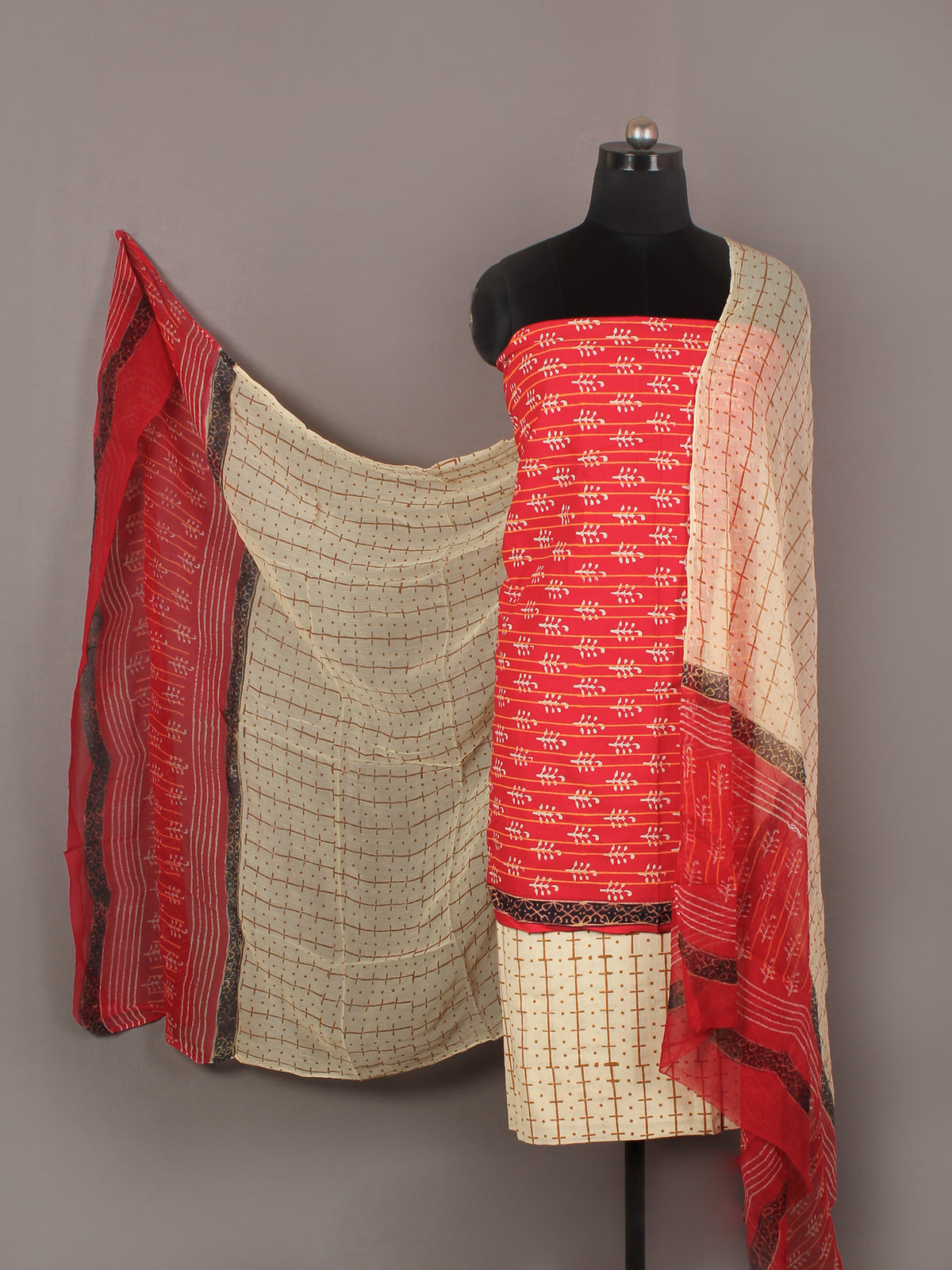 Red Ivory Beige Hand Block Printed Cotton Suit-Salwar Fabric With Chiffon Dupatta - S1628163
