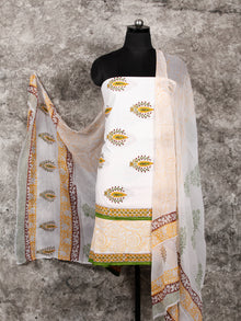 White Yellow Green Hand Block Printed Cotton Suit-Salwar Fabric With Chiffon Dupatta (Set of 3) - SU01HB373