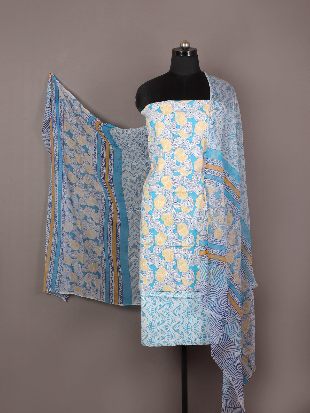 Arctic Blue White Yellow Hand Block Printed Cotton Suit-Salwar Fabric With Chiffon Dupatta - S1628164