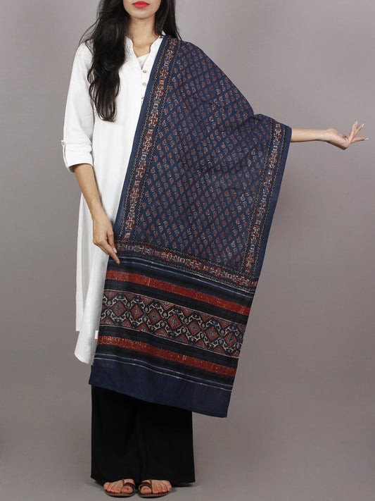 Indigo Maroon Ivory Black Mughal Nakashi Ajrakh Hand Block Printed Cotton Stole - S63170160