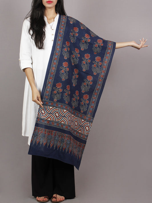 Indigo Maroon Ivory Black Mughal Nakashi Ajrakh Hand Block Printed Cotton Stole - S63170161