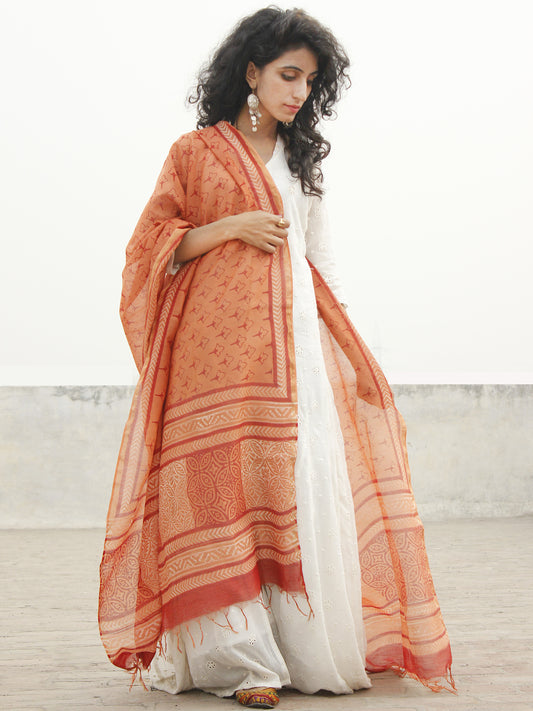 Apricot Orange Red Chanderi Hand Block Printed & Hand Painted Dupatta - D04170256