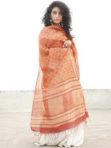 Apricot Orange Red Chanderi Hand Block Printed & Hand Painted Dupatta - D04170256