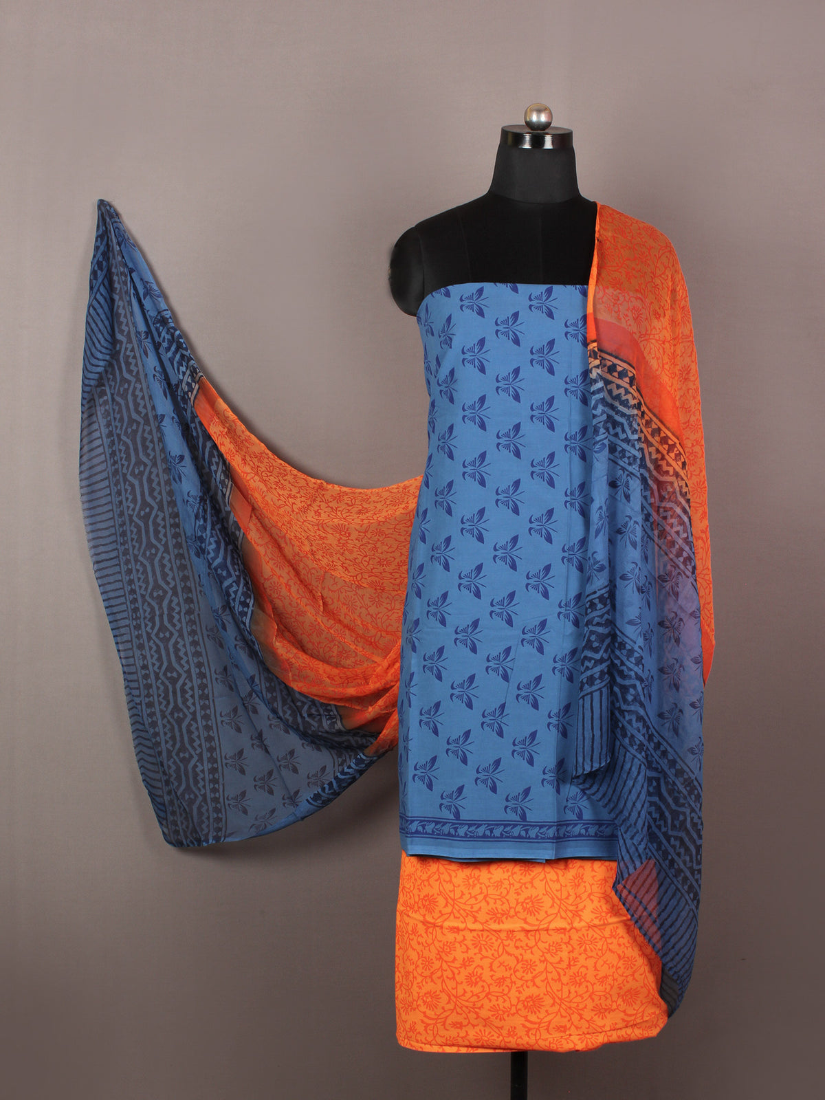 Aegean Blue Indigo Orange Hand Block Printed Cotton Suit-Salwar Fabric With Chiffon Dupatta - S1628166