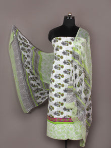 Ivory Grey Green Pink Hand Block Printed Cotton Suit-Salwar Fabric With Chiffon Dupatta - S1628167