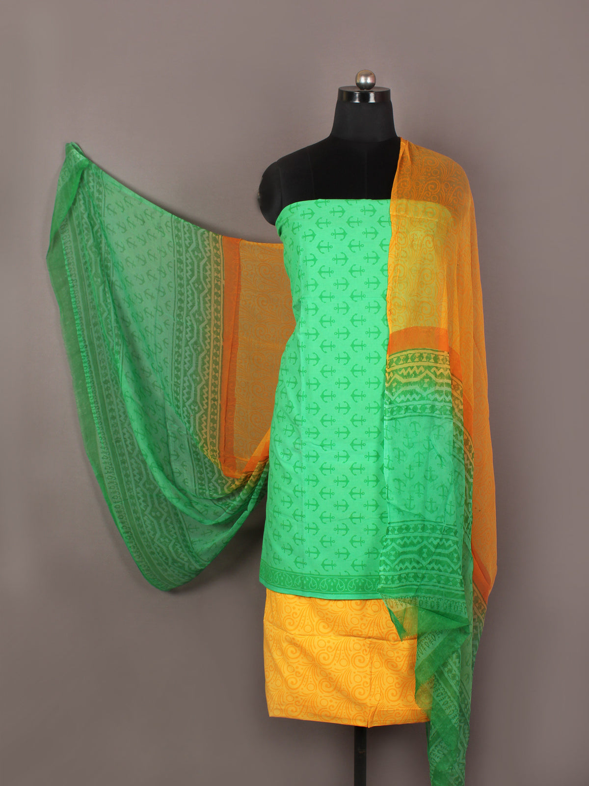 Seafoam Green Yellow Orange Hand Block Printed Cotton Suit-Salwar Fabric With Chiffon Dupatta - S1628168