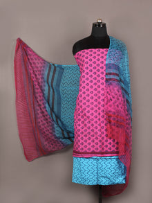 Pink Blue Red Hand Block Printed Cotton Suit-Salwar Fabric With Chiffon Dupatta - S1628169
