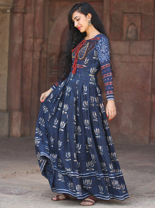 Naaz Lotus Mystique - Hand Block Printed Embroidered Long Cotton Pleated Flare Dress - DS70F001