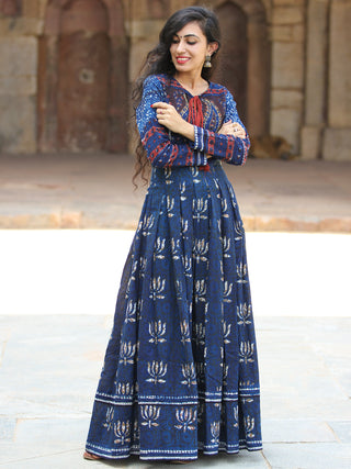 Naaz Lotus Mystique - Hand Block Printed Embroidered Long Cotton Pleated Flare Dress - DS70F001