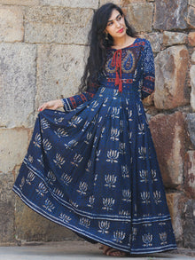 Naaz Lotus Mystique - Hand Block Printed Embroidered Long Cotton Pleated Flare Dress - DS70F001
