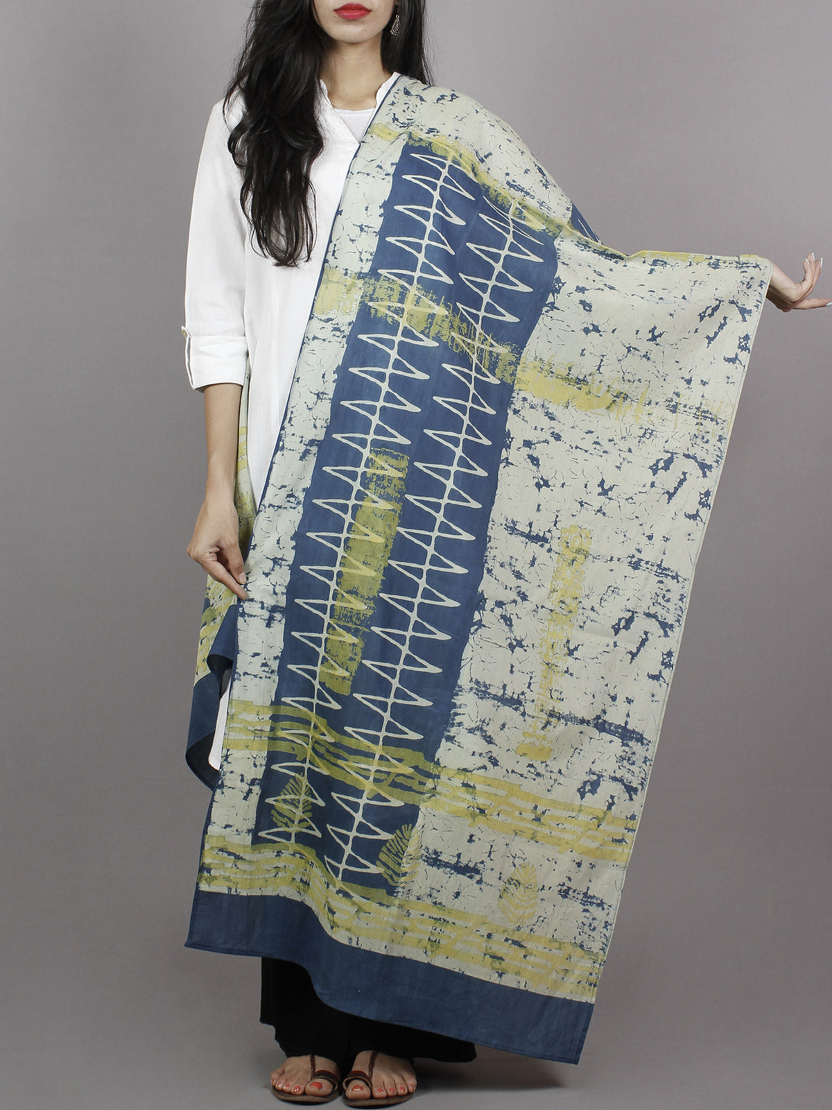 Indigo Ivory Yellow Grey Mughal Nakashi Ajrakh Hand Block Printed Cotton Stole - S63170165