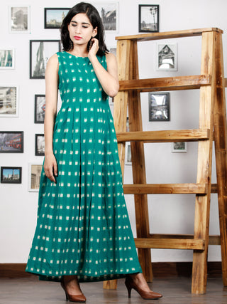 Teal Green White Long Sleeveless Handwoven Double Ikat Dress With Knife Pleats & Side Pockets - D32F1240